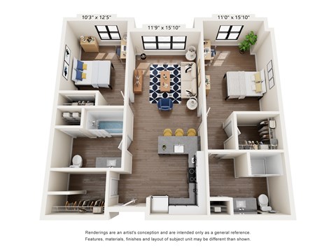 Floor plan for 2 beds, 2 baths, 1099 sqft